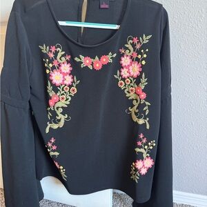 Rock & Roll Cowgirl Black Top with Pink Floral Embroidery